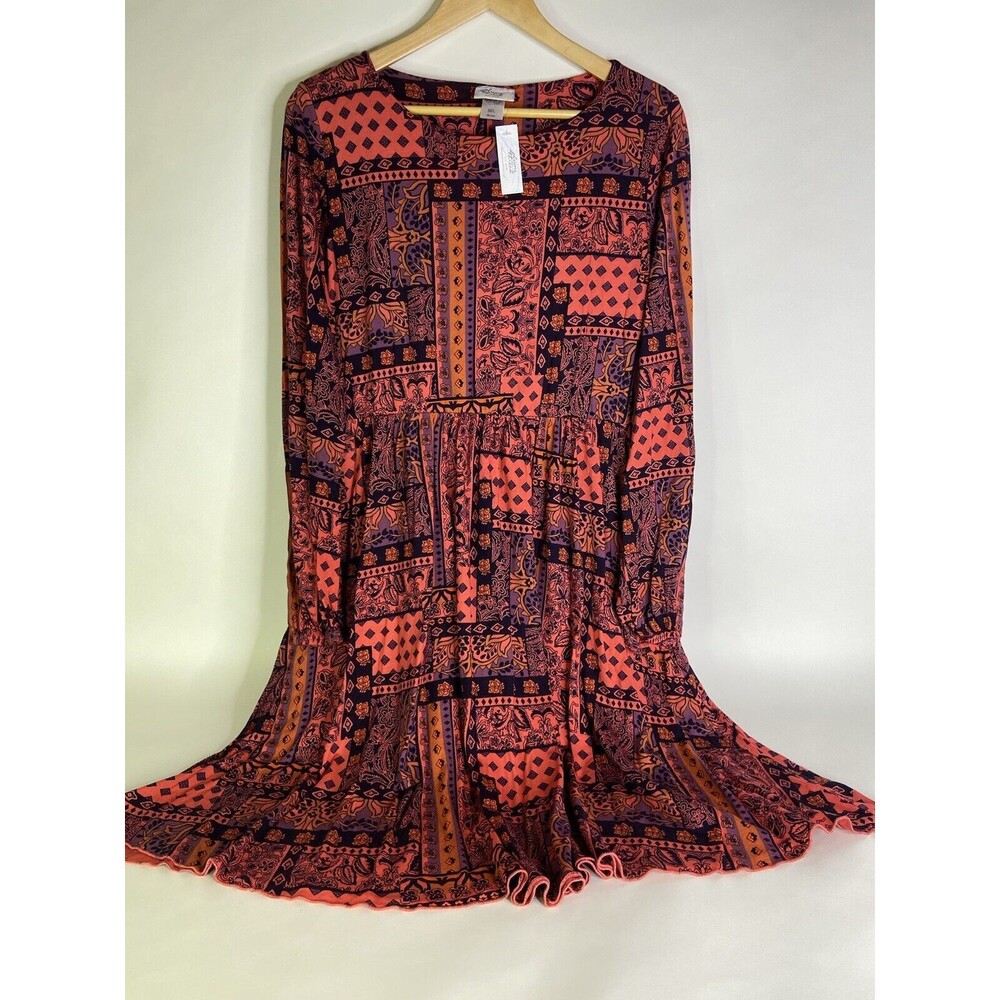Plume and Thread Patterned Long Sleeve Fit Flare Dress Pockets Womens Size M L
